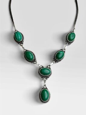 Green Malachite Cabochon Linked Drop Necklace Silver Finish Boho Earthy Festival